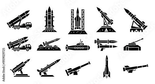 Collection of Military Weapons Artillery and Missile Icons Set on Isolated White Background