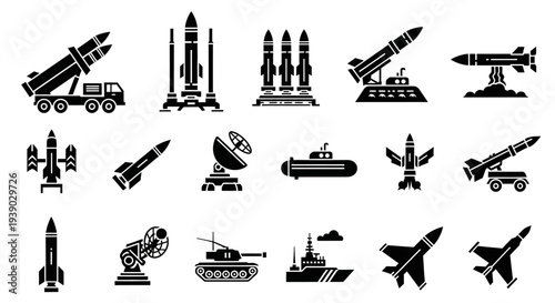 Military rockets, missiles, tanks, ships, and fighter jets icons set on isolated white background.