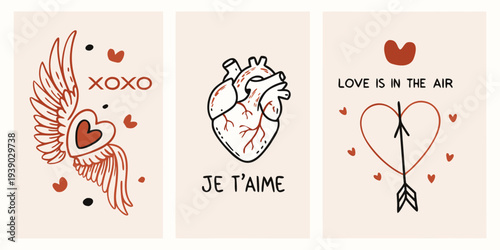 Three romantic illustrations featuring hearts wings and affectionate phrases