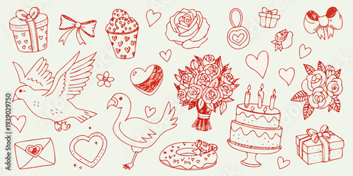 Hand drawn valentine s day themed doodles with hearts gifts and birds