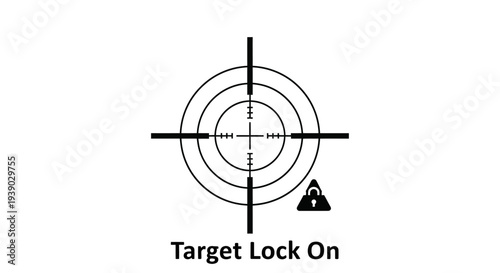 Target lock on crosshair reticle with security padlock icon illustration on isolated white background.