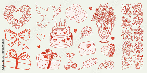 Romantic doodles featuring hearts flowers cakes and love symbols