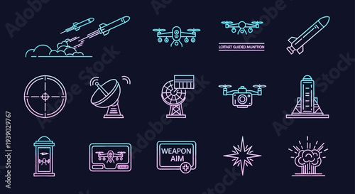 Modern military and defense technology neon icons set on dark background.