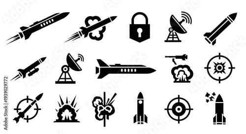 Comprehensive Set of Missile, Rocket, and Defense System Silhouette Icons on Isolated White Background