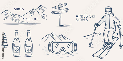 Skiing adventure illustration with apr s ski elements and scenic mountains