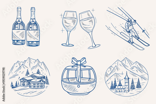 Winter holiday themed sketches including champagne skiing and mountain scenes
