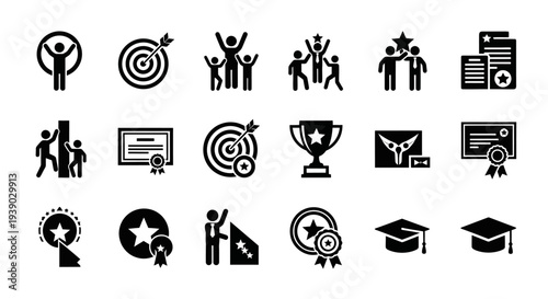 Collection of achievement and success icons in black and white