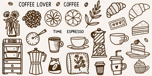 A collection of hand drawn coffee related items and sweet treats