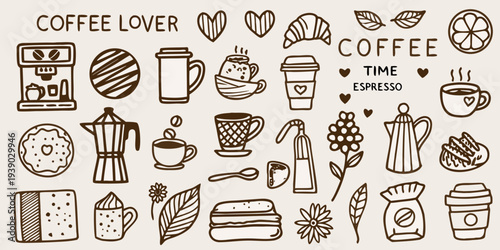A collection of hand drawn coffee themed illustrations and elements