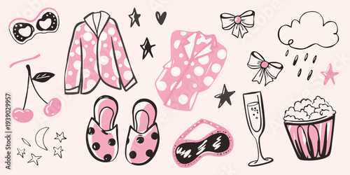 A collection of pink illustrated items for self care and relaxation