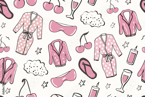 Pink patterned background with robes cherries and relaxing accessories