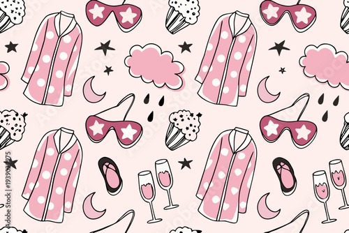 Whimsical pattern of sleepwear stars and dreamy elements on pink