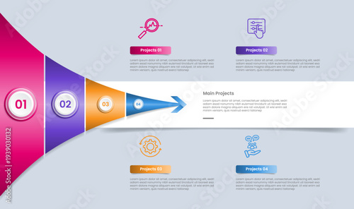 Arrow base infographic with glossy gradient style with shrinking big arrow with sharp edge and upside down content with 4 segment point information