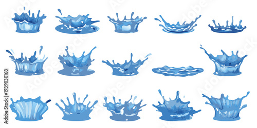 Collection of stylized blue water splash shapes against a black background