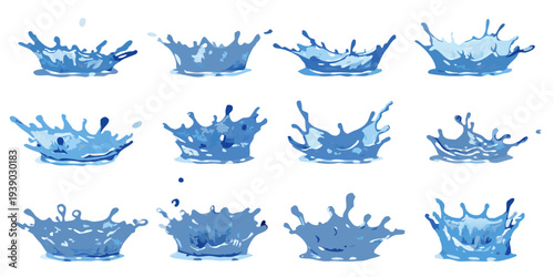A sequence of blue water splashes captured in a dynamic illustrative style