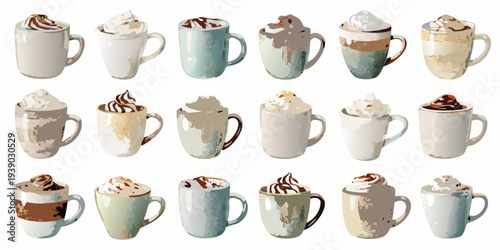 Watercolor style illustration of various mugs filled with hot beverages