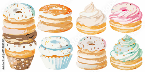 A colorful stack of various frosted donuts and creamy pastries