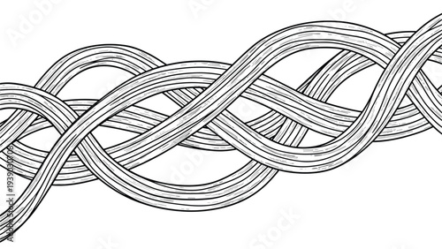 Intricate black and white seamless pattern featuring gracefully interwoven wavy lines, creating a continuous and elegant braided or woven texture, perfect for sophisticated designs.