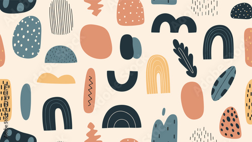 Whimsical and eclectic seamless abstract pattern featuring a vibrant assortment of organic shapes, lines, and textures in warm and cool muted tones on a light beige background.