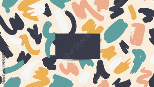 Dynamic and abstract background featuring expressive brush strokes in a vibrant palette of teal, yellow, orange, and blue on a light beige backdrop, framing a central dark rectangle.