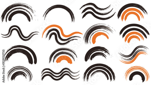 Dynamic collection of hand-drawn brush stroke arcs and wavy lines in black and orange with a distressed texture, offering versatile design elements for modern abstract art.