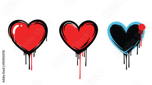 Edgy and artistic collection of graffiti-style hearts with dripping paint and distressed spray paint textures in red, black, and blue, perfect for urban art or love-themed designs.
