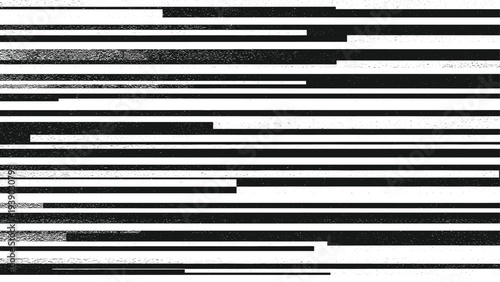 Modern and distorted abstract seamless pattern featuring horizontal black and white lines with a distressed, static, and glitch effect, creating a striking digital art background.
