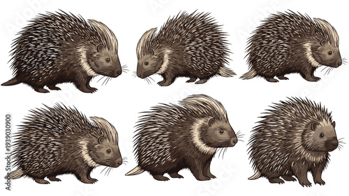 Detailed collection of six realistic porcupine illustrations, showcasing various poses and angles, capturing the unique spiny texture of these fascinating woodland creatures.