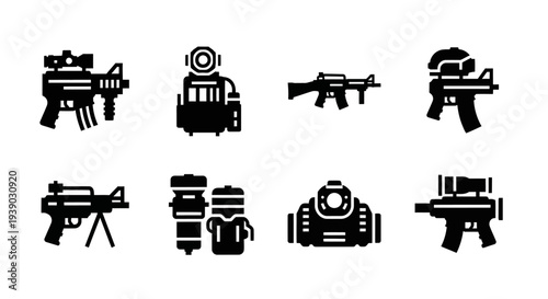Assortment of military weapons and tactical equipment silhouettes on isolated white background