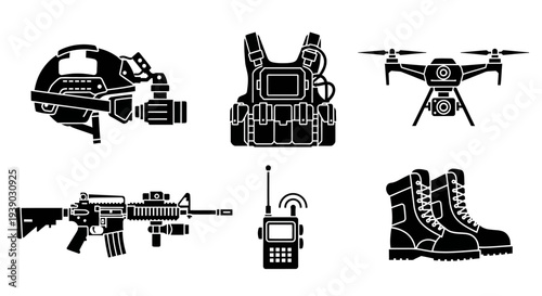 Ground Military Combat Gear and Equipment Icons Set, isolated white background