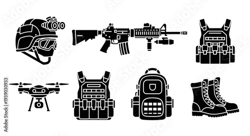 Comprehensive set of military combat gear and drone technology icons on isolated white background