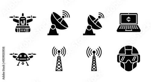 Silhouette collection of military tech and financial icons on isolated white background