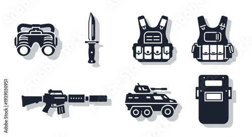 Silhouette set of tactical military gear and weaponry on isolated white background
