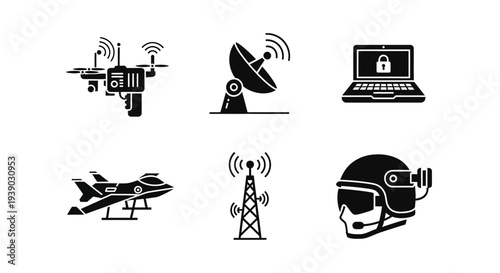 Modern military surveillance and communication technology icons on isolated white background