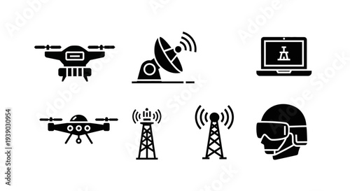 Military communication and surveillance technology icons set on isolated white background