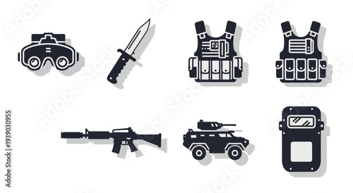 Collection of classic military equipment and tactical gear items on isolated white background