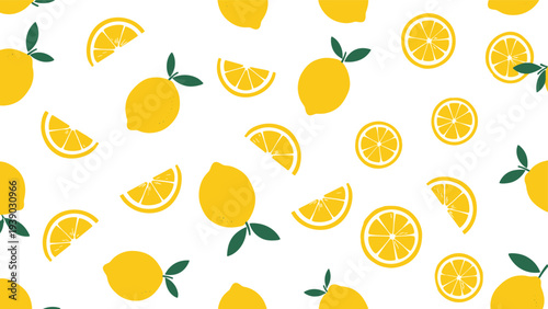 Fresh and vibrant seamless pattern featuring scattered stylized lemons and lemon slices with green leaves on a crisp white background, perfect for summer or kitchen-themed designs.