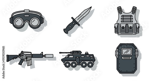 Detailed set of military and tactical gear icons on isolated white background