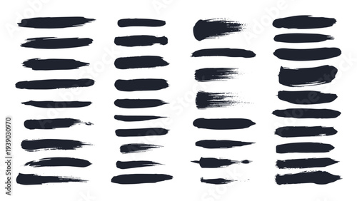 Comprehensive collection of numerous hand-drawn black brush strokes of various lengths, widths, and textures, providing a rich array of versatile elements for graphic design and art.