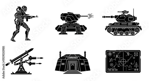 Tactical Military and Defense Glyph Icons Set with Soldier, Tank, Commander Bunker, and Radar Screen on Isolated White Background