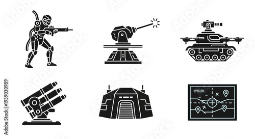 Army and Defense Glyph Icons Set Featuring Soldier, Tank, and Missile Launcher with Muzzle Flash Effect on Isolated White Background