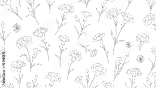 Delicate and detailed seamless botanical pattern featuring hand-drawn outlined carnation flowers and buds with a subtle dashed line texture, creating an elegant floral design.