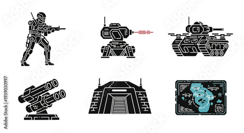 Military and Combat Glyph Icons Set Including Soldier, Tanks, and Missile Launcher with Targeting Laser on Isolated White Background