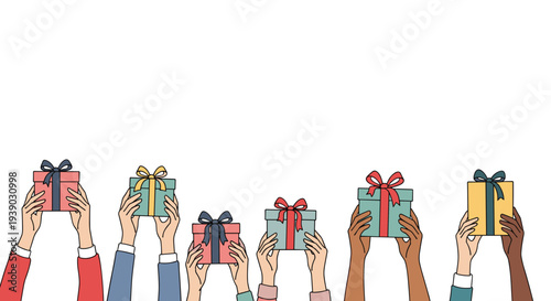 Diverse hands of different skin tones reaching up to hold colorful gift boxes with ribbons against a clean white backdrop.