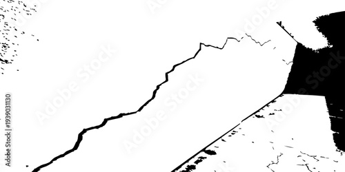 Minimal white cement wall with dramatic fractures and rough black edge, abstract grunge surface texture with negative space for design.