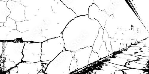 Broken plaster wall texture with organic crack patterns and distressed lower border, high resolution concrete background, urban decay aesthetic.