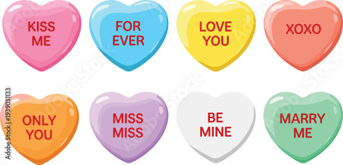 Colorful candy heart vector collection with romantic love messages including kiss me love you be mine and marry me isolated on white background