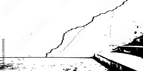 Close-up of weathered white concrete surface with spreading crack network and gritty black bottom edge, monochrome abstract wall texture with industrial style.