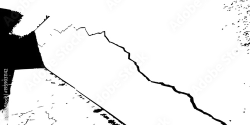 Abstract cracked white plaster wall with bold fracture lines and rough dark base, high contrast grunge texture, minimalist urban decay background with natural concrete damage details.