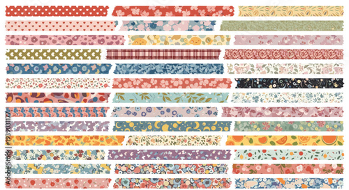 Large assortment of decorative washi tapes with beautiful floral, geometric, and textured patterns for crafting and journaling.